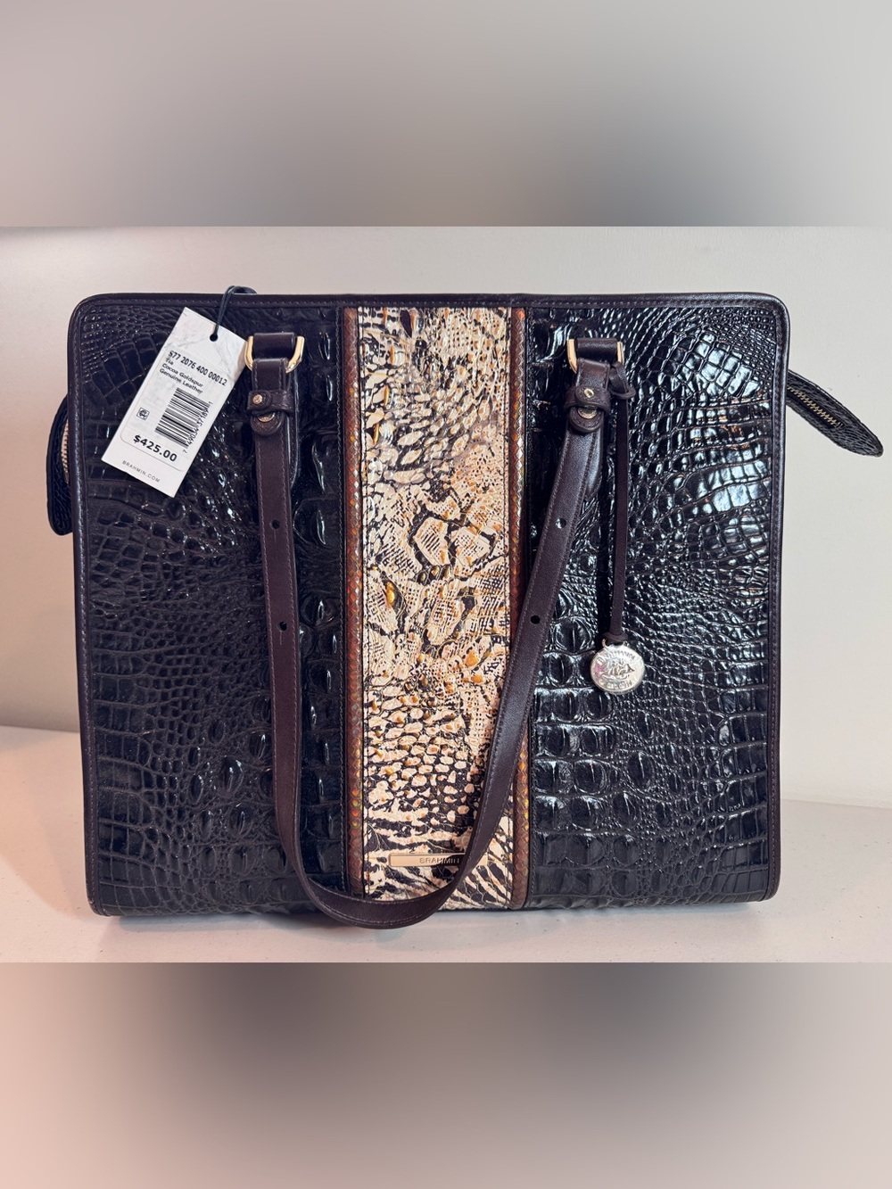 NWT Brahmin Tia Croc-Embossed Leather Tote (Cocoa Goldspur)